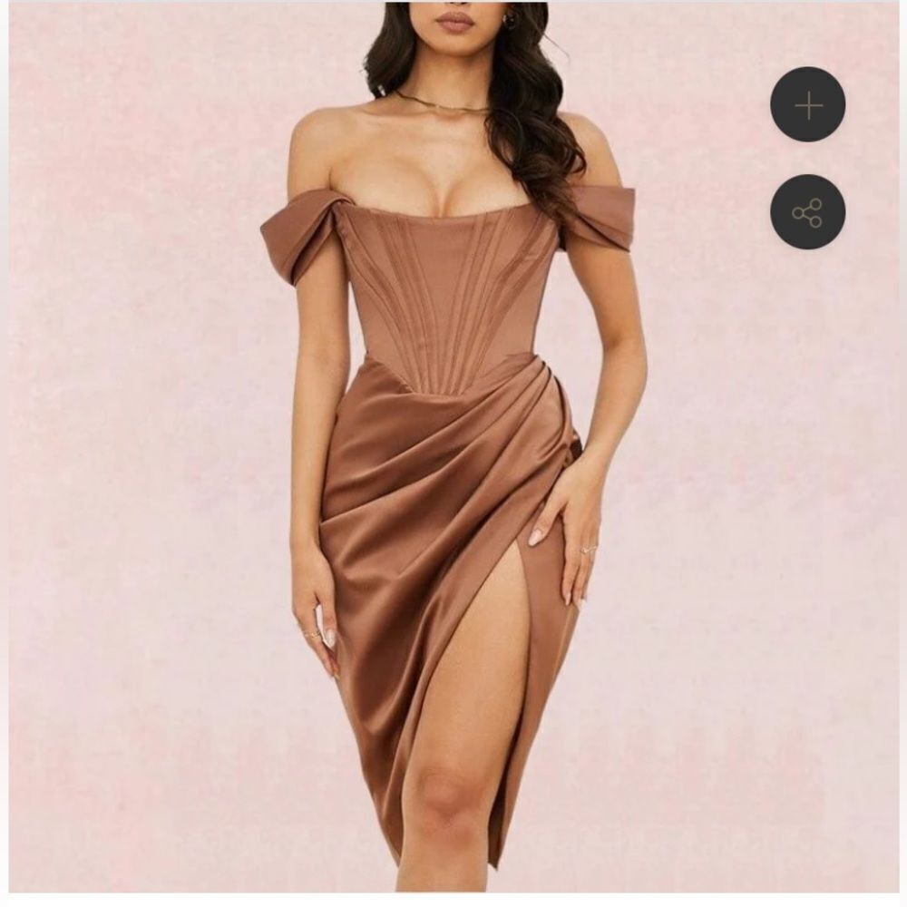 Leona balconette goldish tan dress, XS